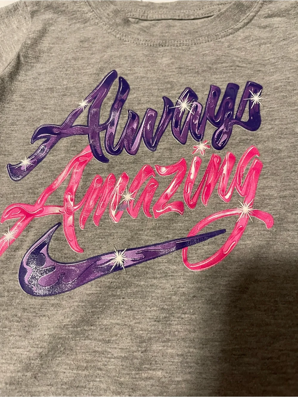 Nike Girls' Gray Tee with Purple and Pink 'Always Amazing' Graphic